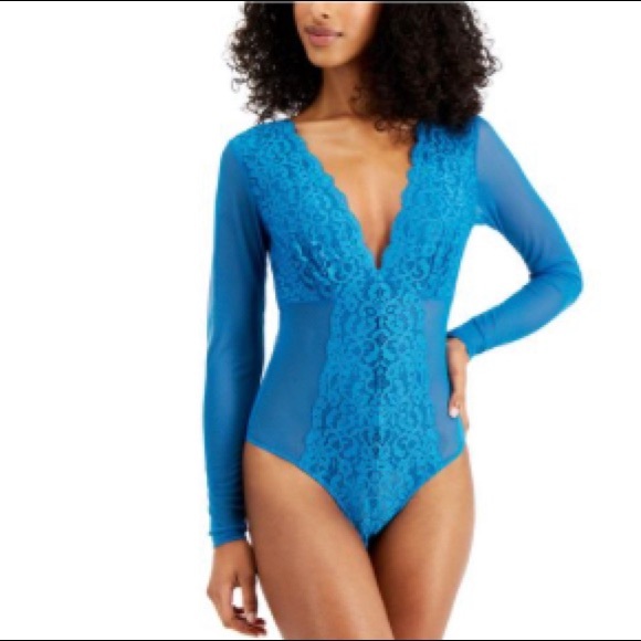 Macy's Other - Blue “Not So Basic” Long-Sleeve Lace Mesh Bodysuit